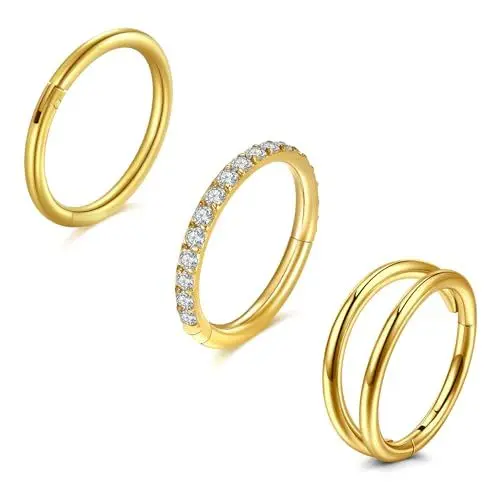 Produktbild: JFORYOU 3Stk Nasenpiercing Ring Helix Piercings Set 16G 18G Chirurgenstahl Scharnier Segment Hoops Septum Conch Tragus Knorpel Ohrringe Ringe CZ Nostril Piercing Schmuck Gold Silber