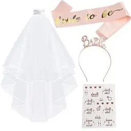 Produktbild: Jga Schärpe, JGA Accessoires Deko für Junggesellenabschied Frauen Party, Hochzeit für Braut to be, Team Braut, mit Schärpe, Weißer Schleier mit Kamm, Krone Haarreif, Tätowierungen TECHSHARE (Roségold)