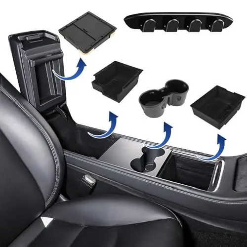 Produktbild: JGMS 5 Pcs Zubehör für tesla model y zubehör,für Tesla Model Y 2021-2024 und Model3 2021-2023,Sitz Haken Kopfstütze, Organizer, Armlehne Aufbewahrungsbox,Versteckte Aufbewahrungsbox und Getränkehalter