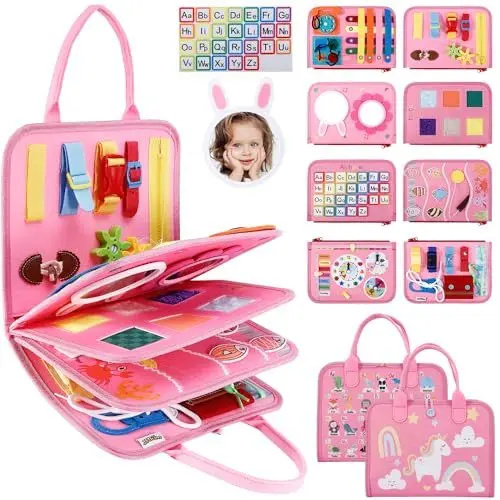 Produktbild: JHkim Busy Board Deutsch Montessori Spielzeug ab 1 2 3 4 Jahre, Jungen & Mädchen, Kinder Sensorik Geschenk, Activity Board Lernspielzeug, Motorikspielzeug für Reise Auto & Flugzeug