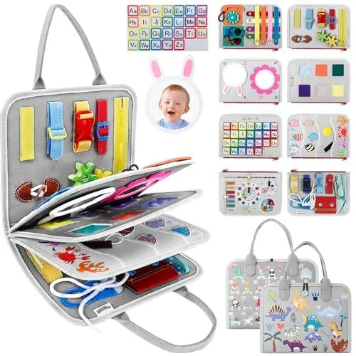 Produktbild: JHkim Montessori Busy Board Deutsch, Baby Spielzeug ab 1 2 3 4 Jahre, Kleinkinder Activity Board, Geschenke für Junge Mädchen, Kinder Sensorik Lernspielzeug, Motorikbrett für Reise Auto Flugzeug
