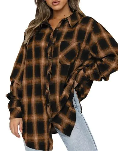 Produktbild: Damen Blusen Herbst Karo V Ausschnitt Shirt Oberteile Knopfleiste Langarm Flanell Oversize Kariertes Hemd