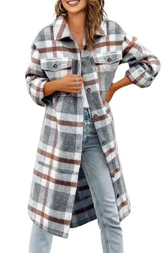 Produktbild: Jhsnjnr Trenchcoat Damen Revers Hemdjacke Langarm Oversize Winterjacke Lang Kariertes Flanell Shacket Mantel
