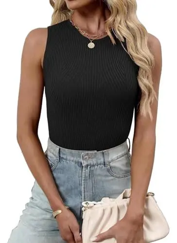 Produktbild: Jhsnjnr Damen Rundhalsausschnitt Tanktops Lässige Ribbed Oberteile Slim Fit Pullover Tshirt Ärmellose Strick Top Sommer