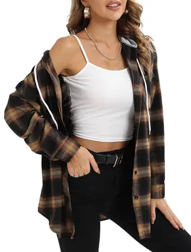 Produktbild: Damen Mode Karierte Bluse Langarm Karo Oversize Shirt mit Kapuze Locker Knopfleiste Flanellhemd