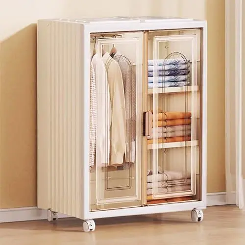 Produktbild: JHYCCDD Faltbarer Kleiderschrank 98x70x47cm, DIY Kleiderschrank Plastik mit Verstellbare Regal, Regalsystem Kleiderschrank mit Magnetische TüRen, Mobiler Wardrobe Closet auf Rollen (4 Gitter)