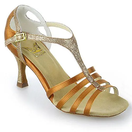 Produktbild: JIA JIA 2053 Damen Sandalen Ausgestelltes Heel Super-Satin mit funkelnden Glitter Latein Tanzschuhe Tan, 38