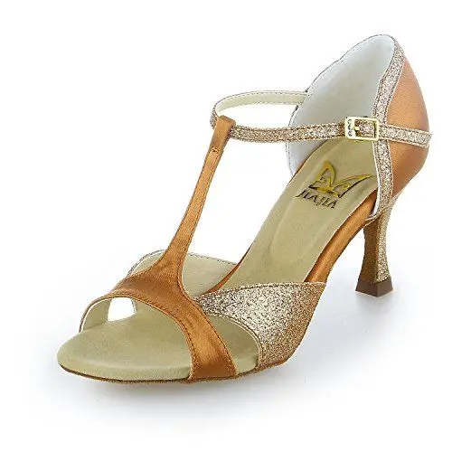Produktbild: JIA JIA 2055 Damen Sandalen Ausgestelltes Heel Super-Satin mit funkelnden Glitter Latein Tanzschuhe Tan, 35