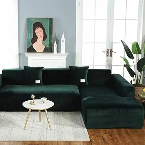 Produktbild: jia cool Sofabezug 3Sitzer +4 Sitze Sektional Couchhussen 2-teilig, L-förmige Sofabezüge Möbelschutz Stretch Couch Schonbezug, Dunkelgrün