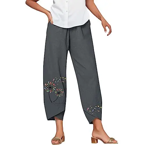 Produktbild: Jiabing Damen Leinenhose Sommer Boho Strandhose 7/11 Lang Freizeithose Baumwolle Leinen Pusteblumen Druck Sommerhose Capri Elastisch Gummibund Hose