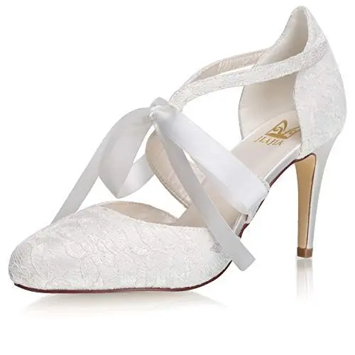 Produktbild: JIAJIA 167915 Damen Memory Foam Brautschuhe Geschlossene Zehe 8,5 cm Stiletto High Heel Spitze Satin Pumps Band Krawatte Hochzeitsschuhe Farbe Elfenbein,Größe 39 EU (5.5 UK)