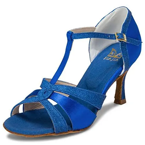 Produktbild: JIAJIA 20519 Damen Sandalen Ausgestelltes Heel Super-Satin mit funkelnden Glitter Latein Tanzschuhe Farbe Blau,Größe 35 EU (2.5 UK)