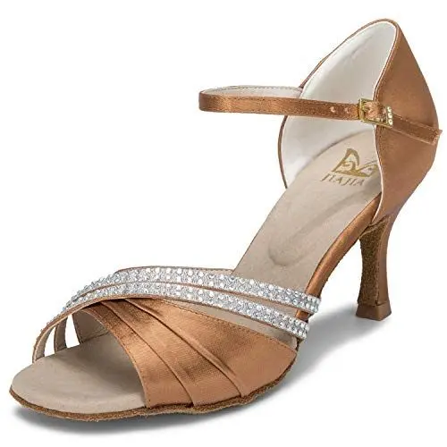 Produktbild: JIAJIA 20524 Damen Sandalen Ausgestelltes Heel Super-Satin Latein Strass Tanzschuhe Farbe Braun,Größe 35 EU