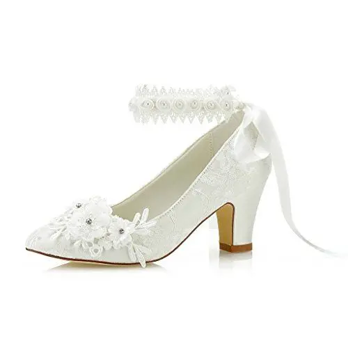Produktbild: JIAJIA 62311B Damen Brautschuhe Geschlossene Spitze 7cm Blockabsatz Satin Pumpen Satin Blumenband Krawatte Hochzeitsschuhe Farbe Elfenbein,Größe 42 EU (8 UK)