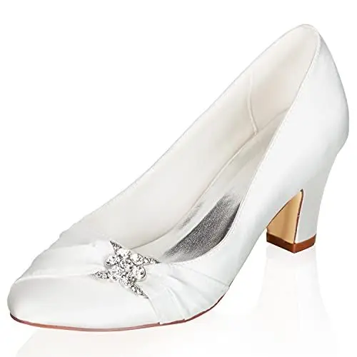 Produktbild: JIAJIA 62317 Damen Brautschuhe Geschlossene Spitze 7CM Blockabsatz Satin Pumps Strass Hochzeitsschuhe Farbe Elfenbein,Größe 40 EU (6.5 UK)