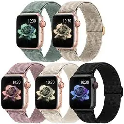 Produktbild: Jiamus 5 Stück Nylon Elastisches Solo Loop Armband Kompatibel mit Apple Watch Armband 38mm 40mm 41mm 42mm(series10) Dehnbare Ersatzarmband für Iwatch Series 10/9/8/7/6/5/4/3/2/1Damen Herren