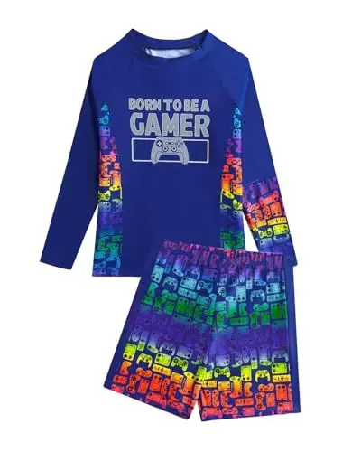 Produktbild: JiAmy Jungen Badekleidung Sets, Stylischer Druck UV-Schutz Langarm-Shirt und Badehose Zweiteiliger Kinder Badeanzug für 9-10 Jahre, Blau (Etikette:9Y)