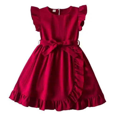 Produktbild: JiAmy Mädchen Kleider Rüschenärmel Kinderkleider Festlich Sommerkleid Einfarbig Kinderkleid A Linie Partykleider mit Gürtel Alter 5-6, Rot