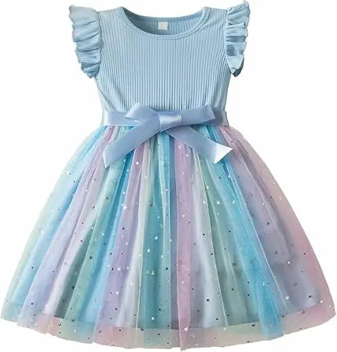 Produktbild: JiAmy Mädchenkleider Rippstrick Tüllkleider Pailletten Frühling Fliegende Ärmel Regenbogen Kinderkleid für 1-2 Jahre,Blau