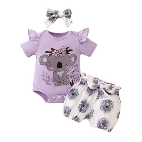 Produktbild: JiAmy Neugeborene Outfit Set 3tlg, Baby Mädchen Rüschen Spitze Strampler mit Koala Gedruckt Bodysuit Kurze Hose mit Stirnband für 12-18 Monate, Lila