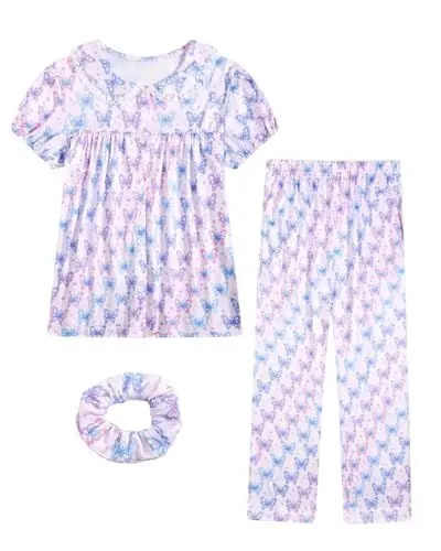 Produktbild: JiAmy Pyjamas Mädchen Sommer 3 Stück Schlafanzug Set Gedruckt Pjs Button Down Schlafanzüge Sommer Nachtwäsche Loungewear-Sets für Kinder 9-10 Jahre,Violett Bogen