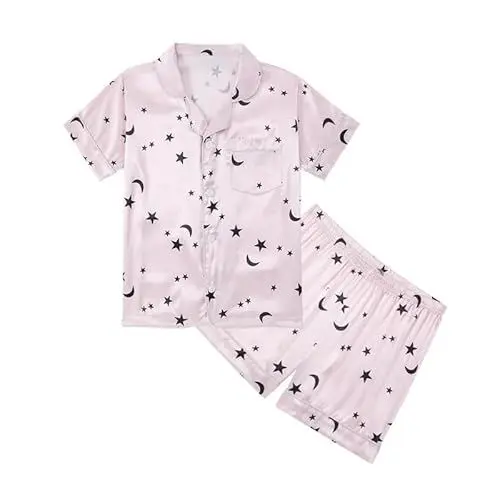 Produktbild: JiAmy Schlafanzug Mädchen Satin Kurzarm Kinder Schlafanzüge Sommer Button-Down Pjs Zweiteilig Nachtwäsche Lounge Sets Alter 6-7,Sternenhimmel