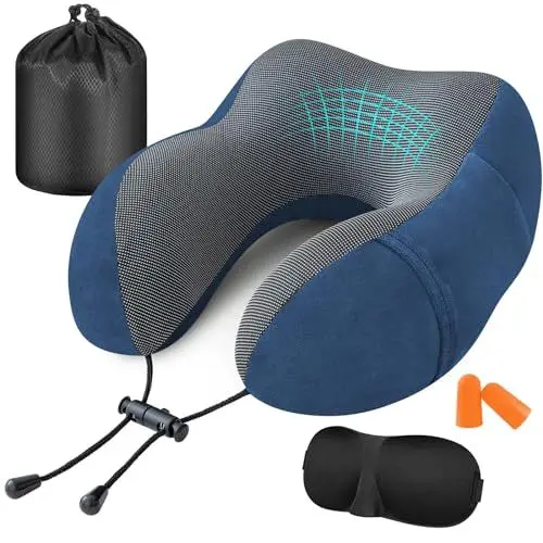 Produktbild: Jiancrate Nackenkissen Flugzeug, Reisekissen Memory Foam, Ergonomisch Gestaltetes Nackenhörnchen, Nackenkissen Reise mit Schlafmaske, Ohrstöpsel, Tasche, Ideal für Reisen, Flugzeug, Auto, Büro