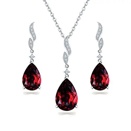 Produktbild: JIANGXIN Klassisch Granat Geburtsstein Schmuckset 925 Sterling Silber Frau Kette Damen Halskette Ohrring Ohrstecker Tropfenschliff Edelstein Mit 45+5CM Kette Mit Exquisite SchmuckBox