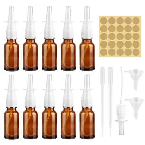 Produktbild: JIANGZHIB 10 Stück Nasenspray Flasche Leer, 20ml Braun Nasen Sprühflaschen, Wiederverwendbar Nasenspray Bottle Zerstäuber Mit Etiketten, Düsen, Trichter, Kunststofftropfer für Parfüm, Kochsalzlösung
