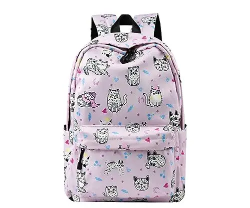 Produktbild: JIANLINST Mädchen Schulrucksack Jungen Teenager Schultasche Wasserdicht Nylon Rucksack Damen Schulranzen Freizeitrucksack Laptop Tasche Rosa Katze