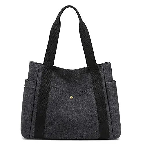 Produktbild: JIANLINST Schultertaschen für Damen Canvas Handtasche Umhängetasche Große Multi Damentasche Henkeltasche für Arbeit Shopper Reise Schwarz-1