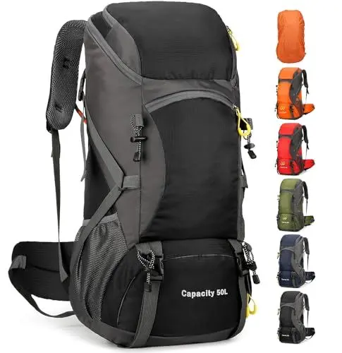 Produktbild: jianyana Wanderrucksack 50L Trekkingrucksack Regenhülle Reiserucksack Wasserdichter Campingrucksack für Wandern Camping Bergsteigen Reisen Sport Herren Damen