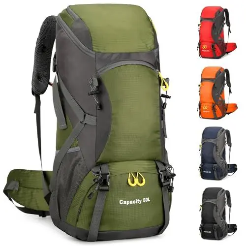 Produktbild: jianyana Wanderrucksack 50L Trekkingrucksack Regenhülle Reiserucksack Wasserdichter Campingrucksack für Wandern Camping Bergsteigen Reisen Sport Herren Damen