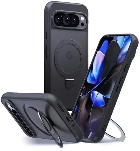 Produktbild: JIC - für Pixel 9 Pro XL - Schwarze Matte Schutzhülle mit Ständer - (Integrierte Magnete für Magsafe-Zubehör) - Nicht kompatibel mit dem Pixel Stand