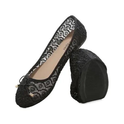 Produktbild: Jifenkla Ballerinas Schuhe Damen, Elegant Flache Lace Schuhe Slip On Knit Kleid Leichte Sommerschuhe, Bequem Barfußschuhe Ballerinas Atmungsaktive Walking Slipper Loafer Stoffschuhe, Schwarz, EU 37