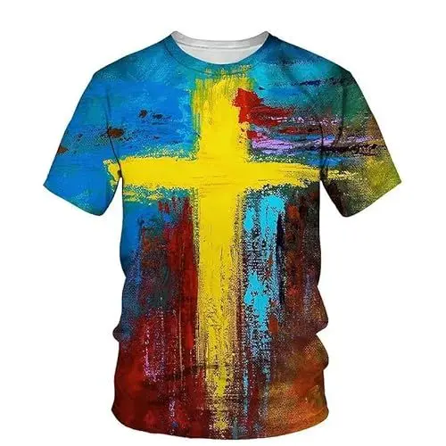 Produktbild: JIFENLI Herren 3D Druck T-Shirt Unisex Mode Kreuz Gedruckt Männer T-Shirt Jesus Sommer Kurzarm Tees Tops Christian Stil Männliche Kleidung Rundhals Casual T-Shirts