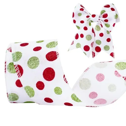 Produktbild: jijAcraft 6CM Juteband mit Draht, 10M Verdrahtete Sackleinenband, Geschenkband für Weihnachten, Weiß Dekoband mit Rot und Grün Punkten für Schleifen, DIY Basteln und Weihnachtskränze, J00919-F1
