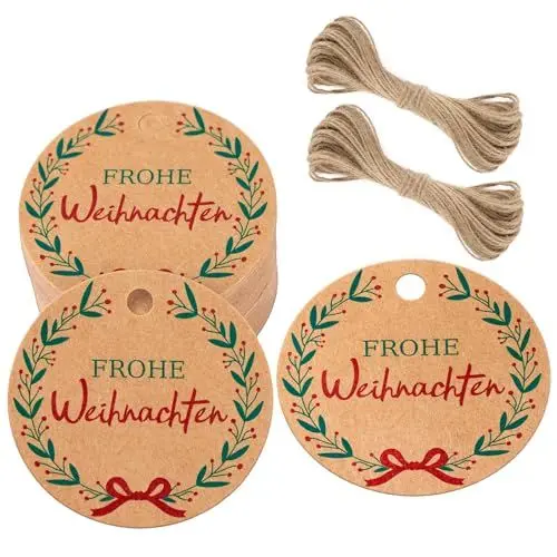 Produktbild: jijAcraft Frohe Weihnachten Anhänger, 100 Stück Geschenkanhänger Weihnachten, Rund Kraftpapier Etiketten Braun 5 cm Papieranhänger zum für Adventskalende DIY Weihnachten Deko Geschenke Verpackung
