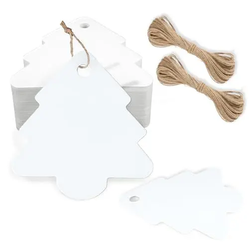 Produktbild: jijAcraft Geschenkanhänger Weihnachten, Anhänger Weihnachtsbaum Kraftpapier Etiketten, 100 Stück Weihnachtsbaum Anhänger mit Jute Schnur, für Adventskalender, Weihnachtsgeschenke Dekoration (Weiß)
