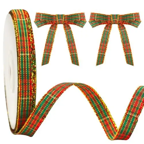 Produktbild: jijAcraft Weihnachtsband 10mm Breit, Rot und Grün Weihnachten Dekoband, Kariertes Band mit Goldkante, 22M Geschenkband für Weihnachtsbasteleien, Geschenkverpackungen und Weihnachtsbaum-Girlandendeko