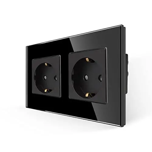 Produktbild: JIMEIDA Doppelsteckdose in Schwarz, 16Amp Glas Schuko Steckdosen Unterputz Schutzkontakt Wandsteckdose- 157 * 86mm, 250V, 1 Fach