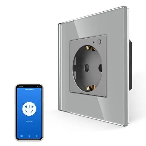 Produktbild: JIMEIDA Wlan Steckdose Unterputz in Grau, Glas Steckdose Kompatibel mit Amazon Alexa Google Home, 1 Fach Intelligente Standard Schuko Steckdose, 2.4 GHz WiFi