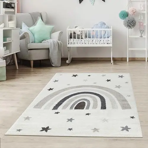 Produktbild: Jimri Kinderteppich DOTS l Pünktchen Gepunktet l Öko-Tex Siegel | Farbe: Beige Blau Rosa | Kinderzimmer/Jugendzimmer (Creme, 160 x 230 cm)