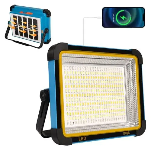 Produktbild: JINABLOSSY LED Baustrahler Akku Solar Arbeitsleuchte Tragbare Abstimmbar 100W Äquivalent 5 Modi Solar Wiederaufladbar LED Arbeitsstrahler Camping Flutlicht 10000mAh für Angeln Notfall Baustelle Garage