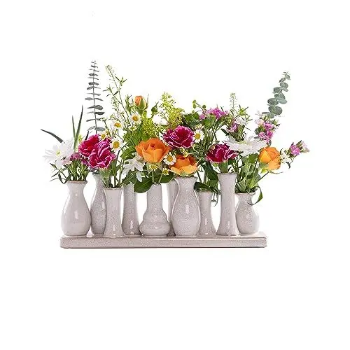 Produktbild: Jinfa 1 Set aus 10 kleinen Vasen auf festem Sockel | handgefertigte Blumenvasen Tischdeko | Antik-Weiß