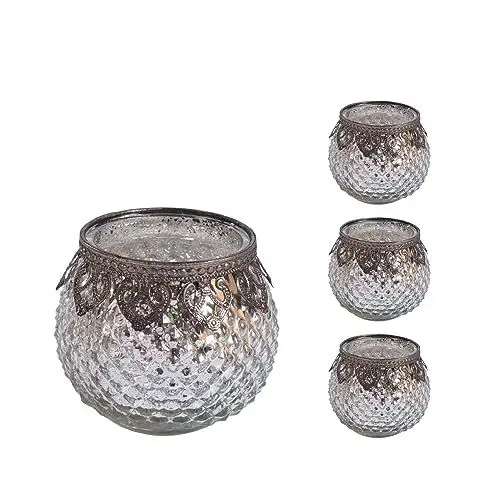Produktbild: Jinfa 4er-Set orientalischer Teelichthalter aus Glas Windlichter Kerzengläser Teelichtgläser Geschenk | Kugelform | Edles Silber Ø 8cm x h 8.8cm