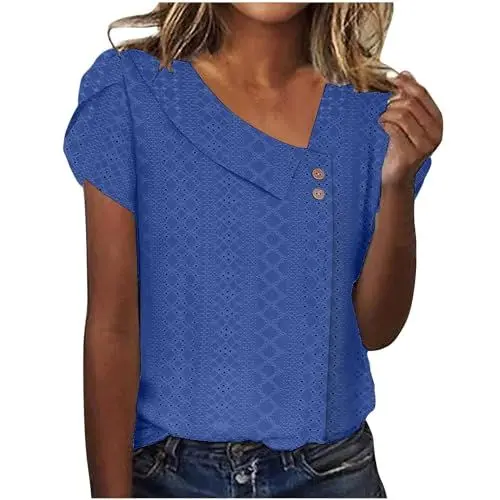 Produktbild: Jingmcdy Sale Angebote Damen-Sommeroberteile, kurzärmelig, V-Ausschnitt, Hemden, Knopfleiste, Ausgehen, Blusen für Damen, elegant, lässig, 2024, Trendige Kleidung Weißes Top Damen Elegant