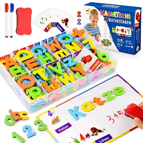 Produktbild: Jinxful Lernspiele ab 3 4 5 6 7 Jahre, Magnetische Buchstaben und Zahlen für Kinder Junge Mädchen Lernen Geschenk Montessori Spielzeug (199 Stück)