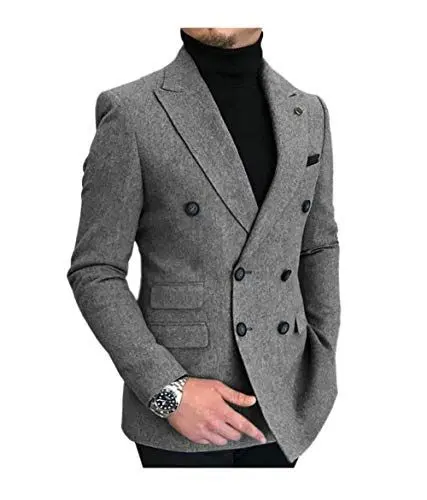 Produktbild: JinXuanYa Tweed Jacken Grau 60 Herren Zweireihig Formelle Sakko Oder Blazer für Herren Anzugjacken Slim fit Spitzes Revers Business oder Freizeit
