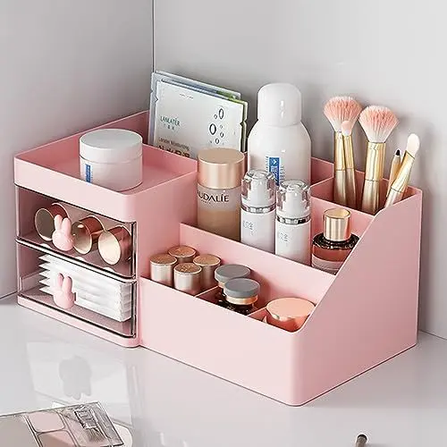 Produktbild: jioko Make-up-Organizer für Schminktisch, Badezimmer, transparente Schublade, Kosmetik-Aufbewahrungsvitrine mit Pinselhalter, Schreibtisch-Arbeitsplatte, Kunststoff-Kosmetikbox, Schönheitsorganisation